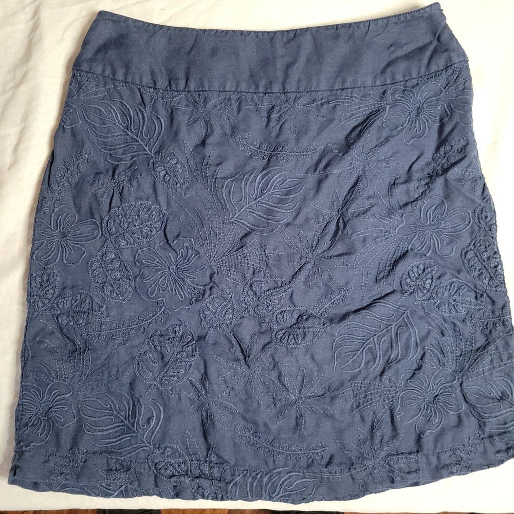 Tommy Bahama Navy Blue Linen Embroidered Floral Tropical Mini Skirt 4 TW91644